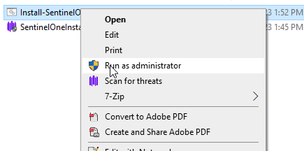A windows right-click menu showing Run as administrator... highlighted.