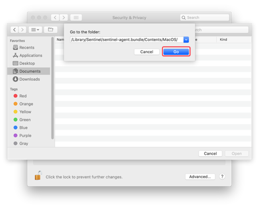 The macOS Go to the folder prompt with the path /Library/Sentinel/sentinel-agent.bundle/Contents/MacOS/ filled in.