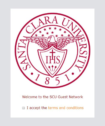 Santa Clara University logo with text: Welcome to The SCU Guest Network.