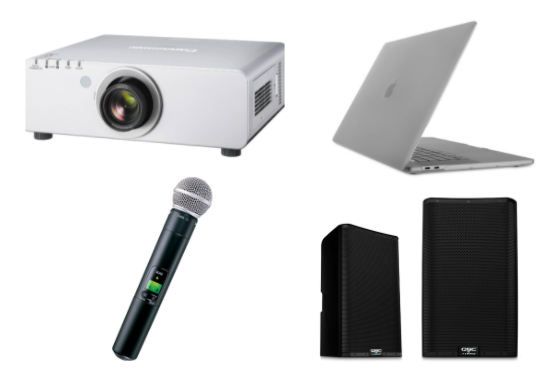 Projector, laptop, microphone, and two large speakers for checkout equipment.