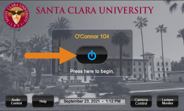 Santa Clara University over a camera interface with an arrow pointing to the 'Camera 1' button.