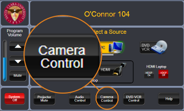 Extron interface with Camera Control option highlighted.