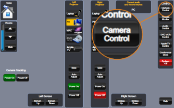 Touchscreen interface with a highlighted Camera Control button and various icons and controls.