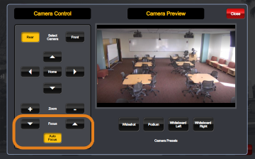 Interface of a lecture capture system with camera controls showing an empty classroom.