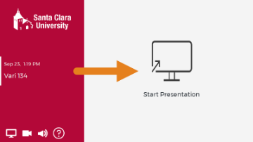 Select the display screen with university logo, menu, and an orange arrow pointing right.