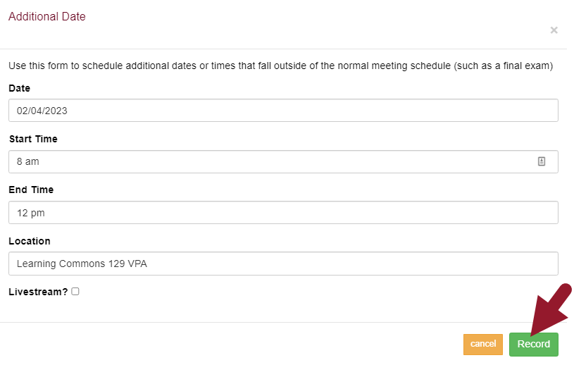 Add Date form with red arrow pointing to green Submit button.