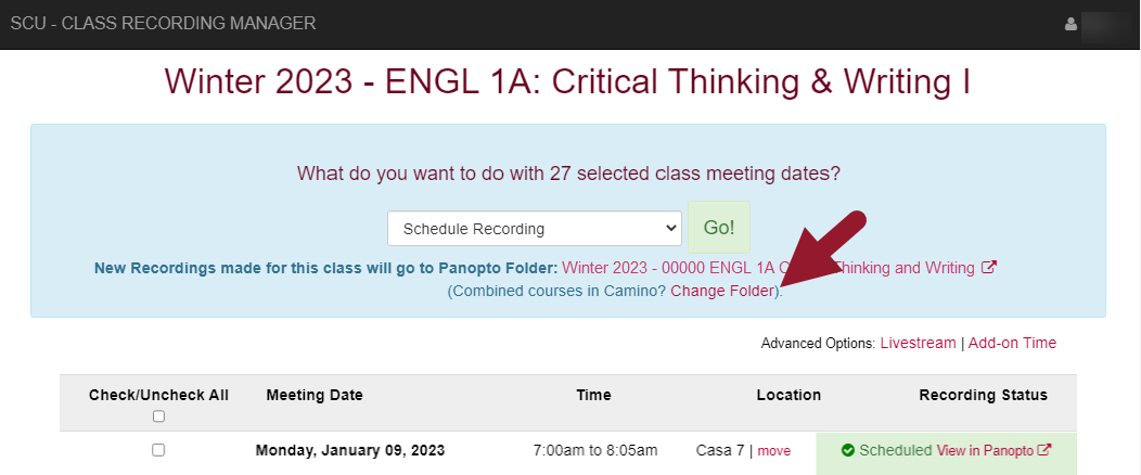 Middleware course selection page showing a student's timetable and an arrow pointing to a register button.