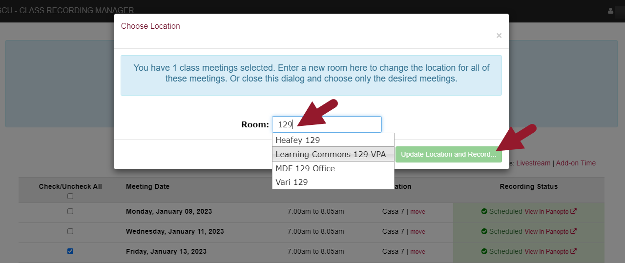 User interface for setting middleware location with a dropdown menu and confirmation option.