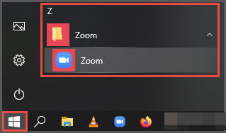 Windows Start menu showing Zoom application highlighted.