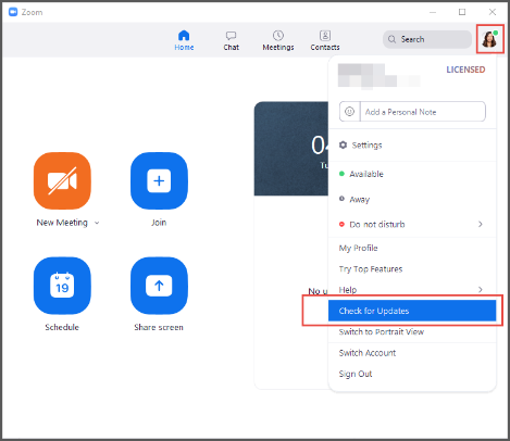 Update Zoom options screen with ‘Check for Updates’ selected.