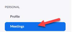 Blue Meeting button with red arrow pointing to it.