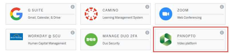 Six app tiles, one highlighted: Panopto - Video in green.