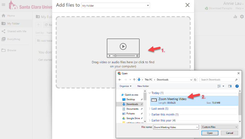 Screenshot of Panopto video upload window with file selection dialogue open.