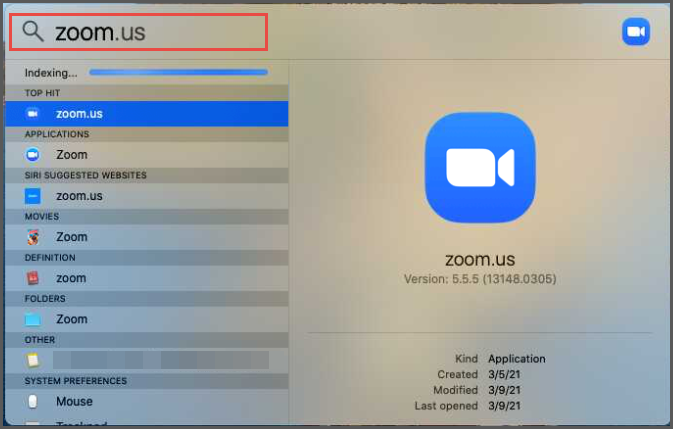 Zoom app selected in Spotlight search on macOS.