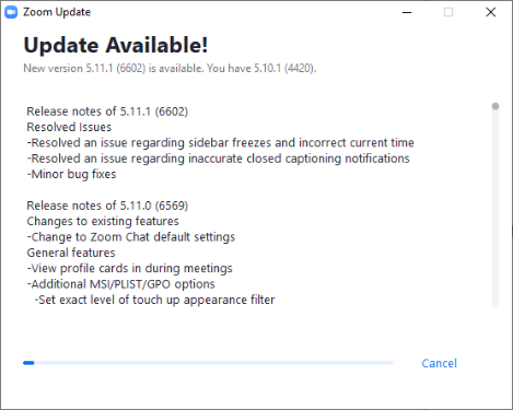 Zoom update 5.7.3 release notes, listing bug fixes and enhancements.”