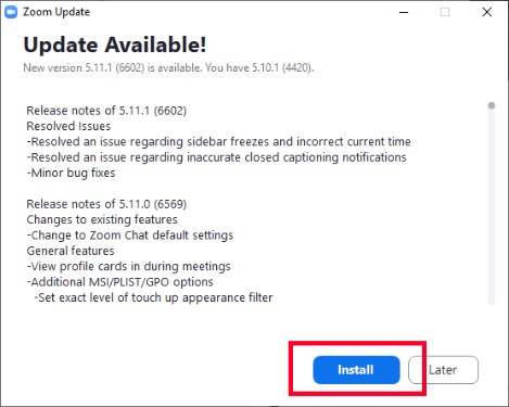 Zoom update window with description of updates and an 'Install' button highlighted in red.