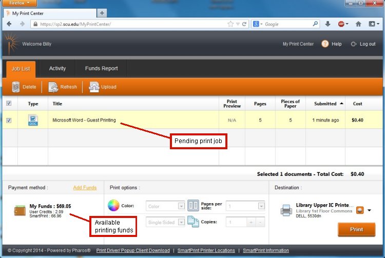 Screenshot of Print Center interface with dashboard, progress bar, and options for managing print jobs.
