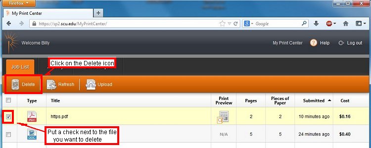 Screenshot of a software interface with a Print Center - Delete option highlighted.