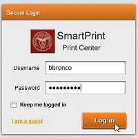 SmartPrint Login Center screen with fields for user ID and password.