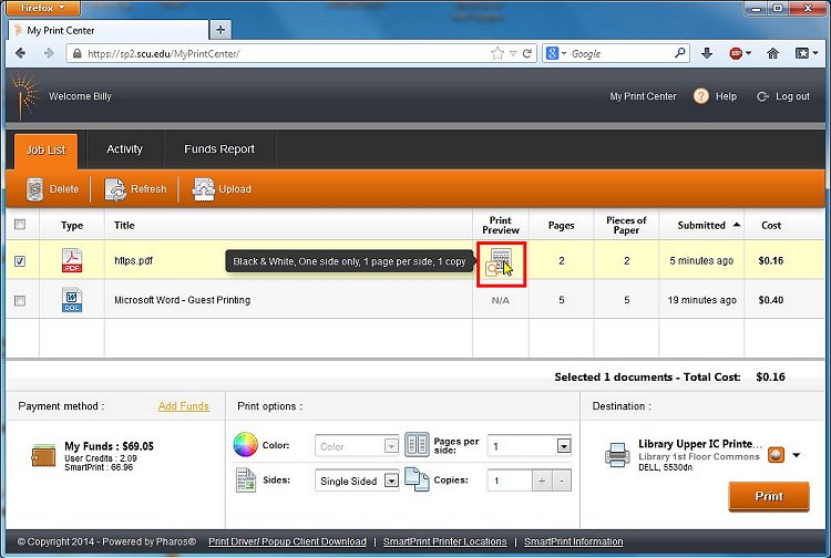 Screenshot of a print center software displaying printing options and settings.