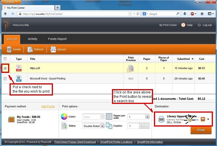 Screenshot of a print center interface with highlighted sections and annotations indicating search functionality.