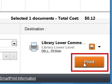 Print Center webpage showing selected job and printing options.