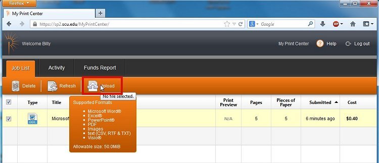 Highlighted 'Upload Design' button in a print center user interface.
