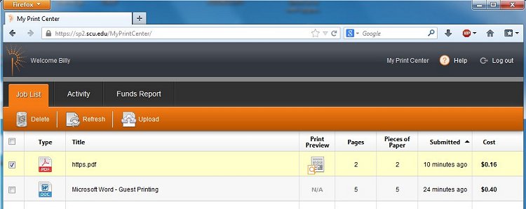 Print Center uploaded PDF status screen showing file names and details.