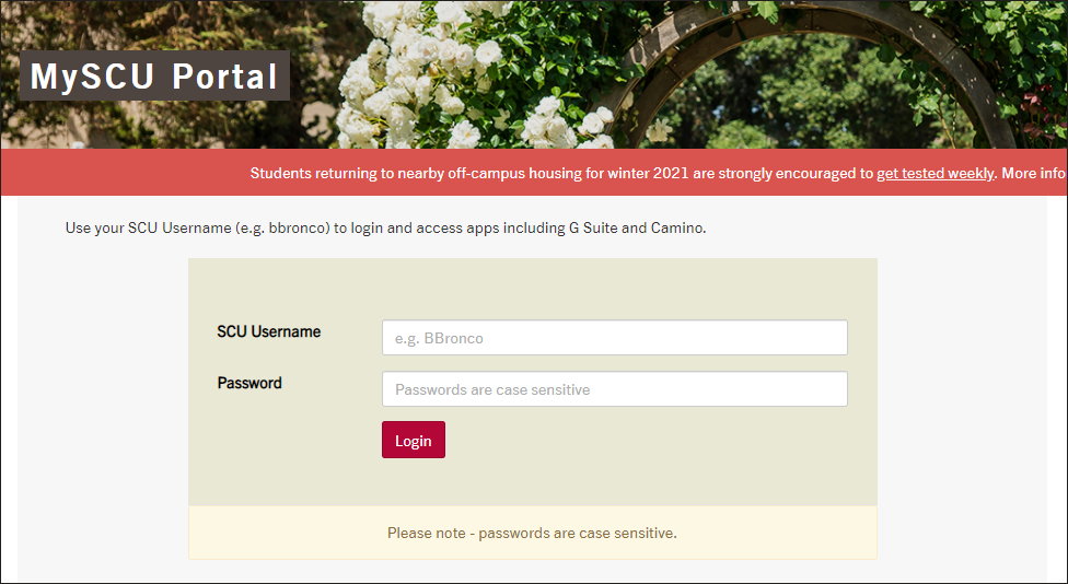 SCU Portal login page with fields for user ID and password.
