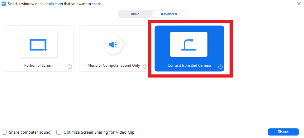 content from second camera option How to share a document camera in Zoom