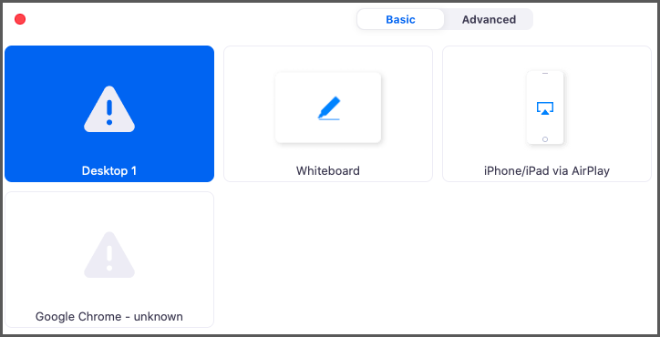 Screen sharing issue window with options to select and share screen.