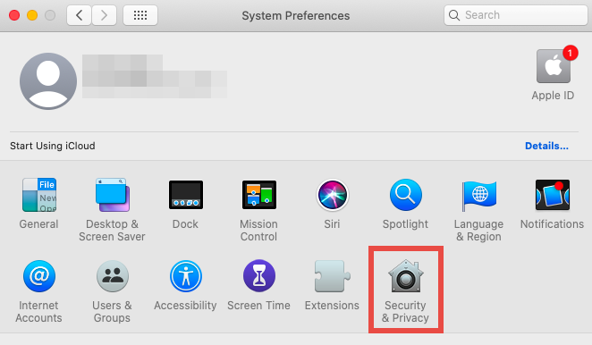 The image shows the System Preferences window with various icons; Security & Privacy is highlighted.