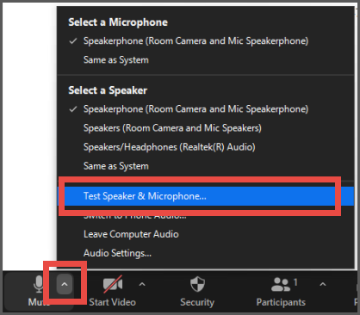 Zoom settings menu with Test Speaker & Microphone highlighted.