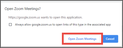 Prompt to open Zoom link, with 'Open Zoom Meetings' button highlighted.