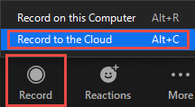 Menu with option to 'Record to the Cloud' highlighted.