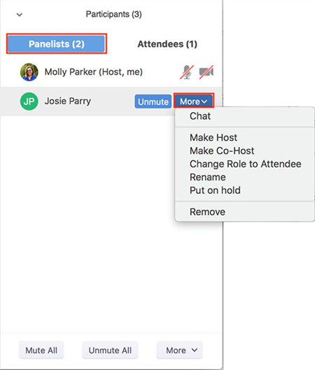 Figure 4. Participants Panel showing a drop-down menu with participant options.