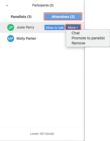 Two users in an attendees panel, one with a selected options menu.