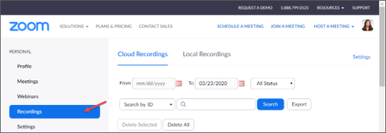 Zoom user interface showing the Recordings tab and search options.