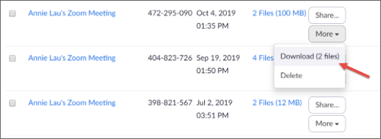 Zoom Recordings tab showing a list of recorded meetings with playback and delete options.