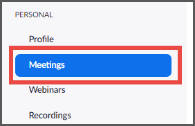 Menu with 'Meetings' highlighted in blue and red box.