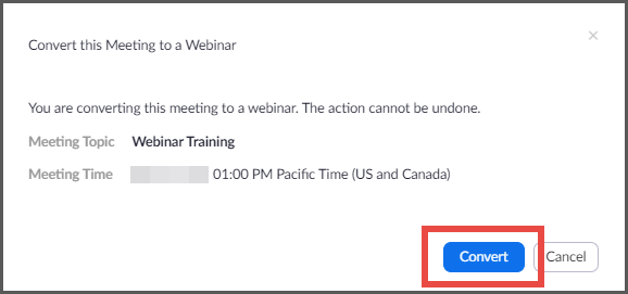 Webinar confirmation screen with a highlighted 'Create' button.