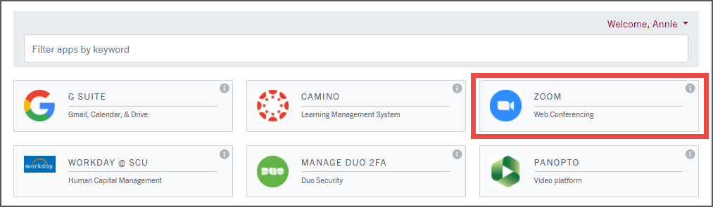Zoom tile highlighted in a grid of various application tiles.