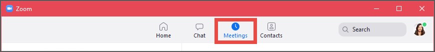 Desktop client showing the meetings tab with a red header.