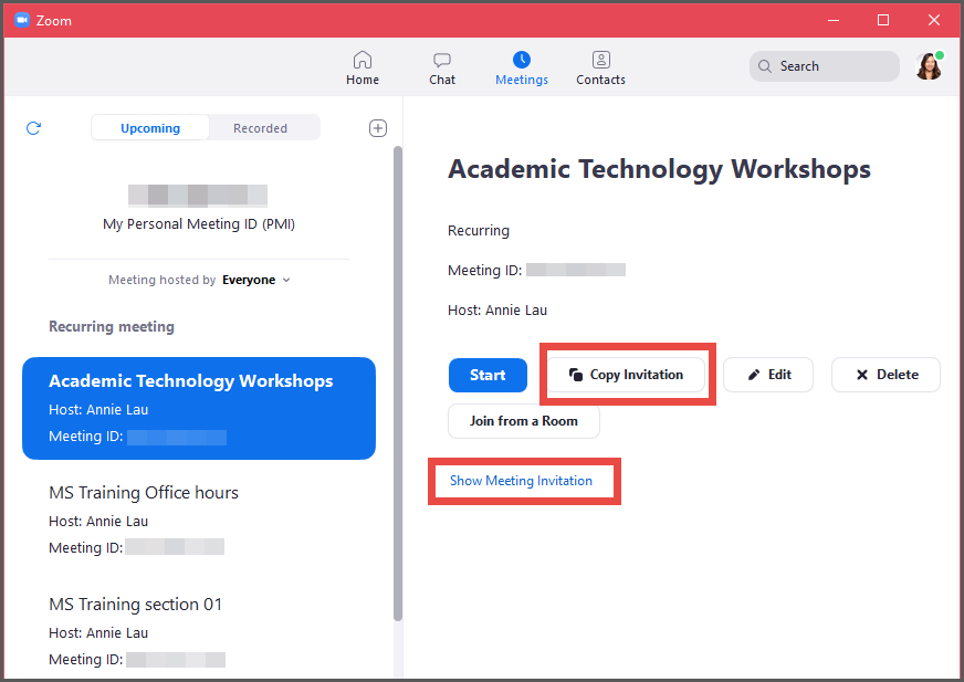 A desktop client interface displaying an invitation to a Academic Technology Workshop.