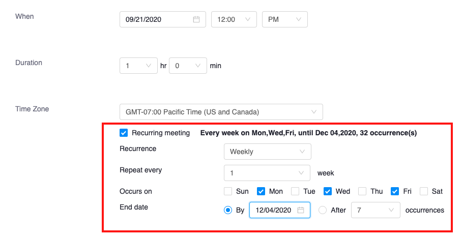 recurring meeting settings in zoom pro