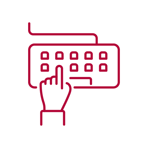 Red icon of a hand pointing at a keyboard.