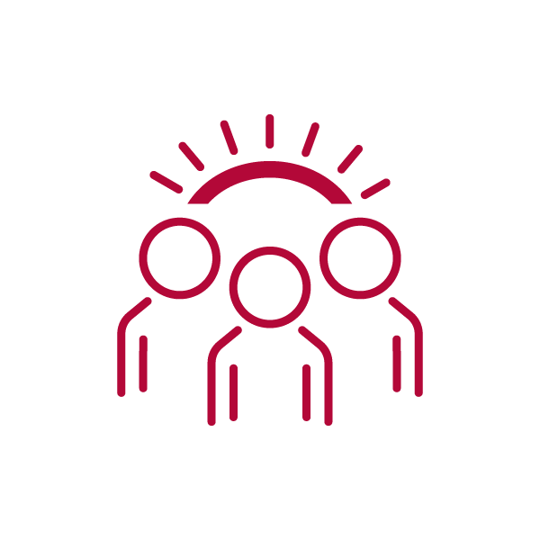 Three people with sun rays overhead, representing events.