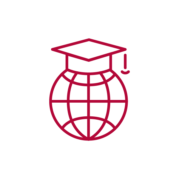 Icon with globe wearing a graduation cap, representing international students.