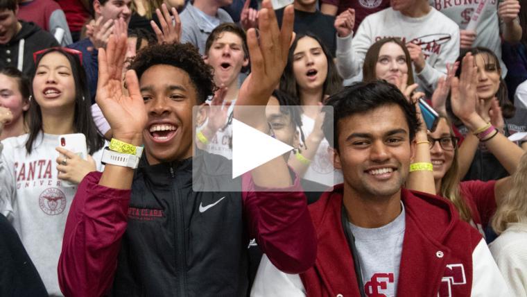 SCU students and basketball fans at a Bronco home game