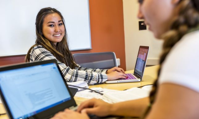 Two women working on laptops facing each other in an office.